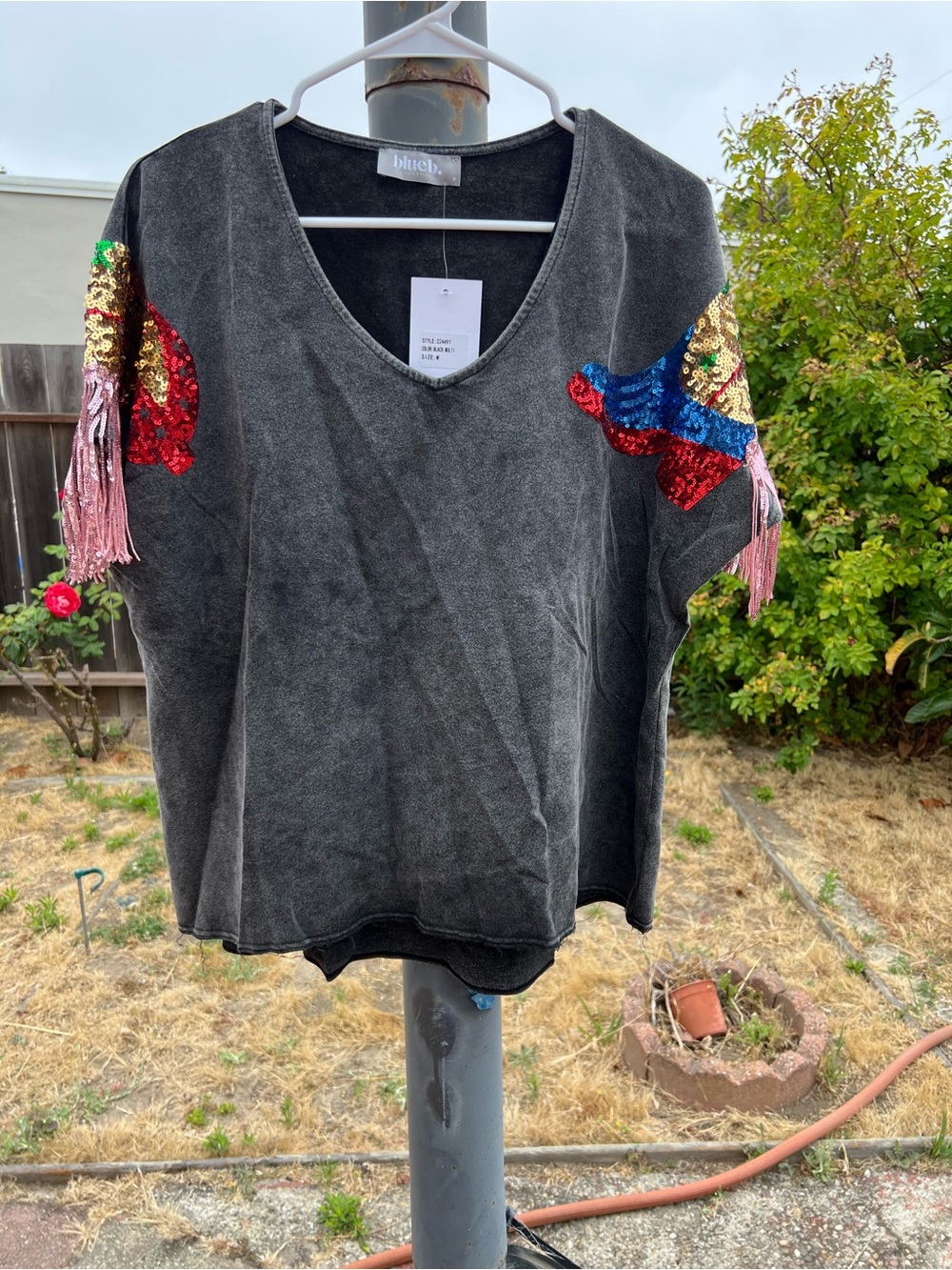 Blush Black Washed V-Neck Tee w/ Sequin Sleeves & Pink Tassels - cowgirl theme